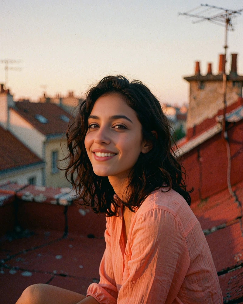 Verified Romanian member profile photo of a dark-haired woman in a coral blouse on a rooftop terrace at golden hour