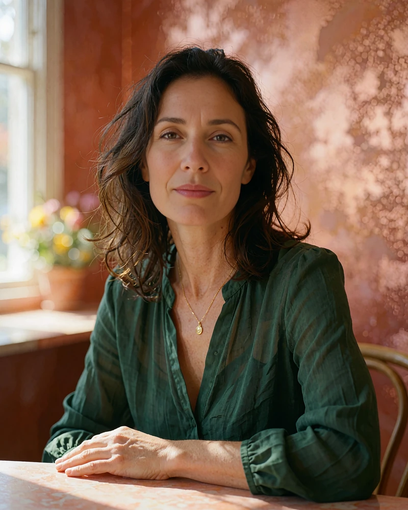 Verified Slovak member profile photo of a dark-haired woman in a green blouse seated at a table