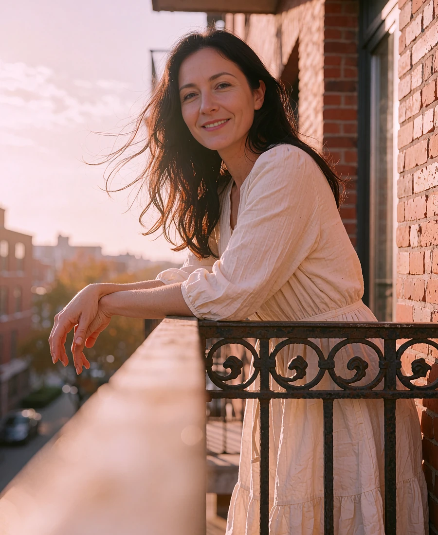 Moldovan woman in a cream dress leaning on a balcony railing at golden hour