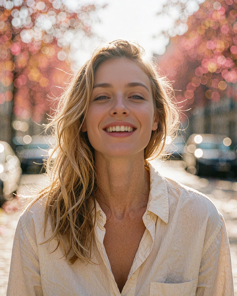 Verified Hungarian member profile photo of a blonde woman in a cream cotton shirt smiling brightly