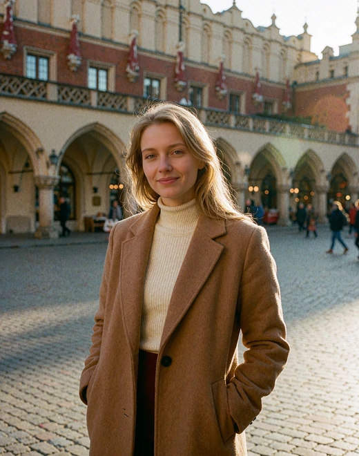 Fair-haired Polish woman in a camel coat in a Krakow old-town square at golden hour