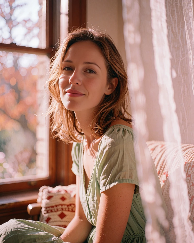Verified Hungarian member profile photo of a light-brown-haired woman in a sage-green dress by a window