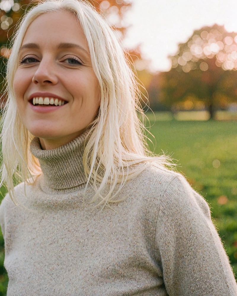 Verified Slovak member profile photo of a platinum-blonde woman in a pale grey turtleneck smiling outdoors