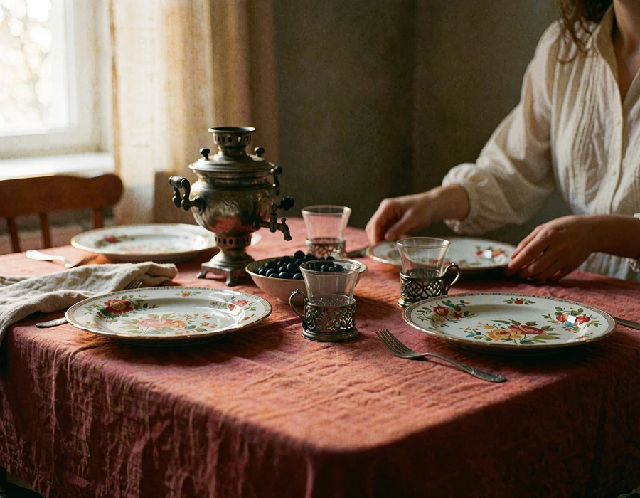 Warmly set Russian family dining table with painted porcelain plates, a samovar-style urn and glass tea cups in filigree holders