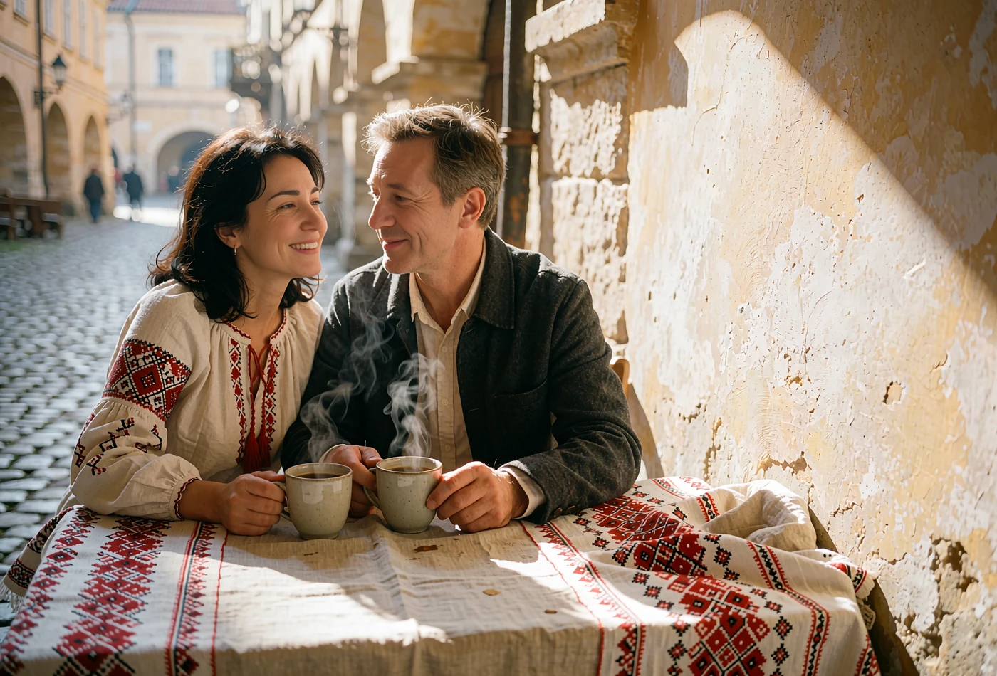 Woman in a cream embroidered blouse smiling with a man over coffee at an outdoor European cafe table