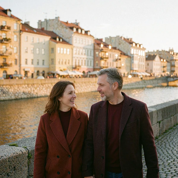 Couple in their forties walking along a European riverside promenade at golden hour