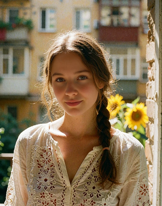Ukrainian woman with a loose braid in an embroidered blouse in a sunlit Kyiv courtyard
