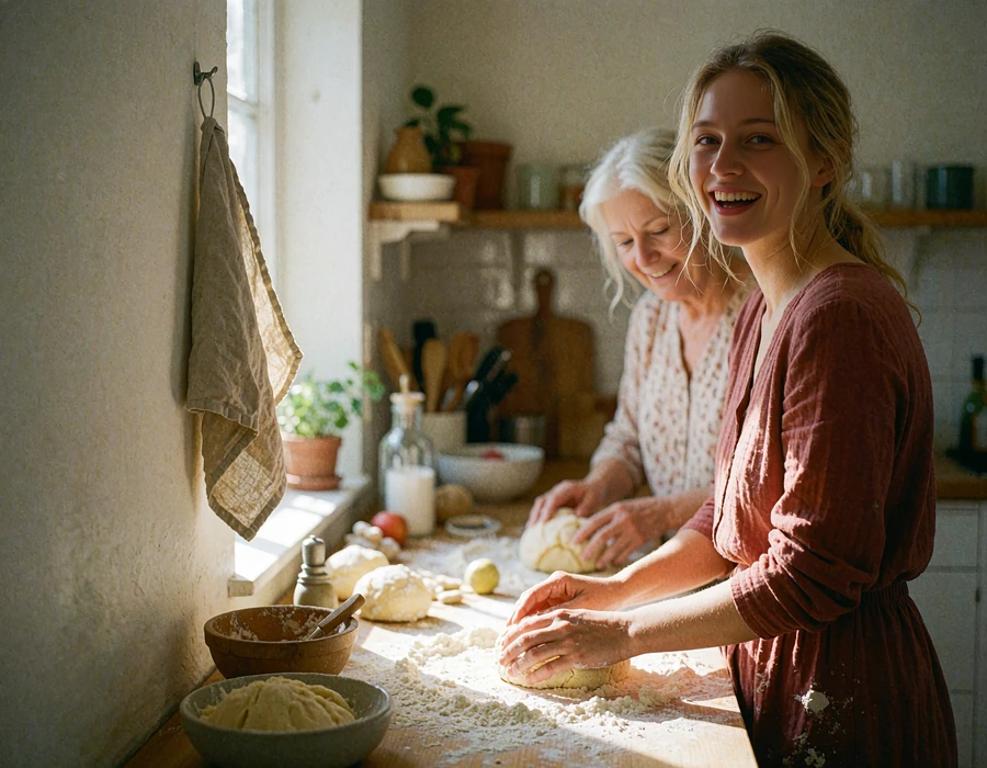 Young Polish woman shaping dough at a flour-dusted kitchen counter beside an older family member