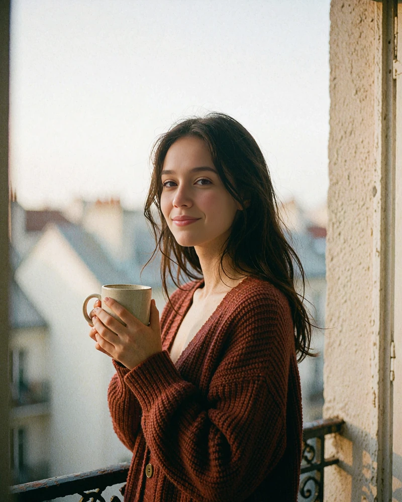 Verified Russian member profile photo of a woman in a rust cardigan holding a mug on an apartment balcony
