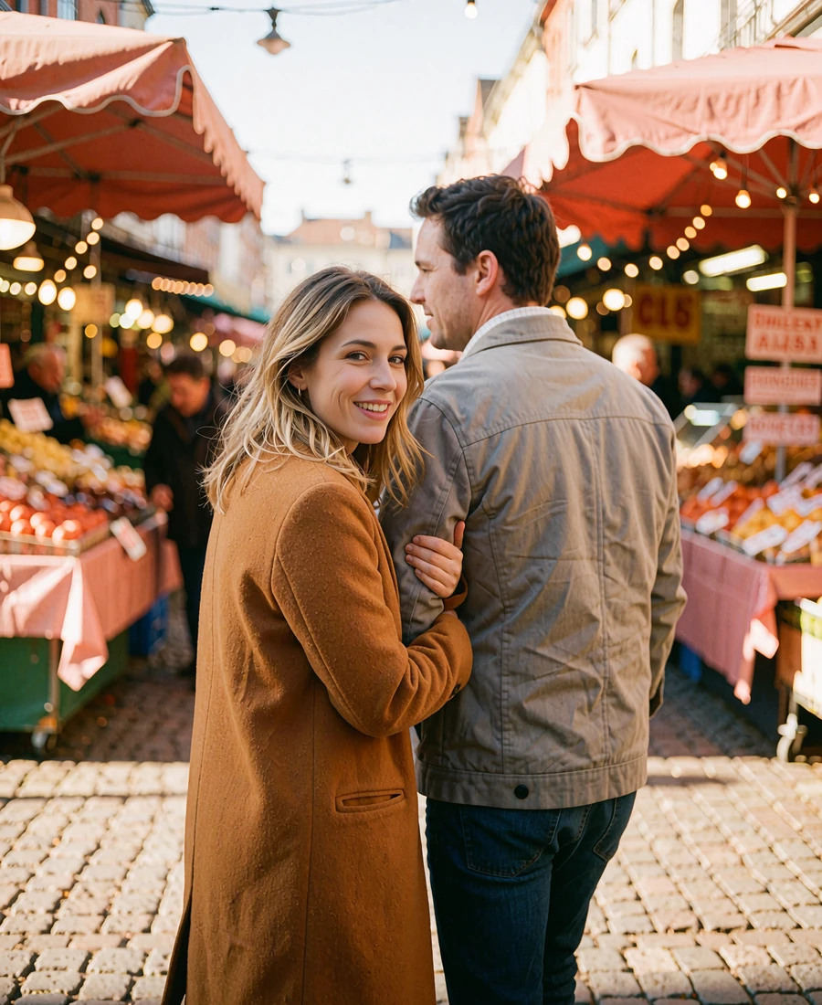 Couple walking arm in arm through an open-air market lane in golden afternoon light