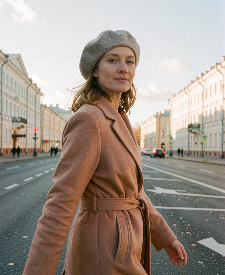 Belarusian woman in a grey beret and camel coat walking along a neoclassical avenue