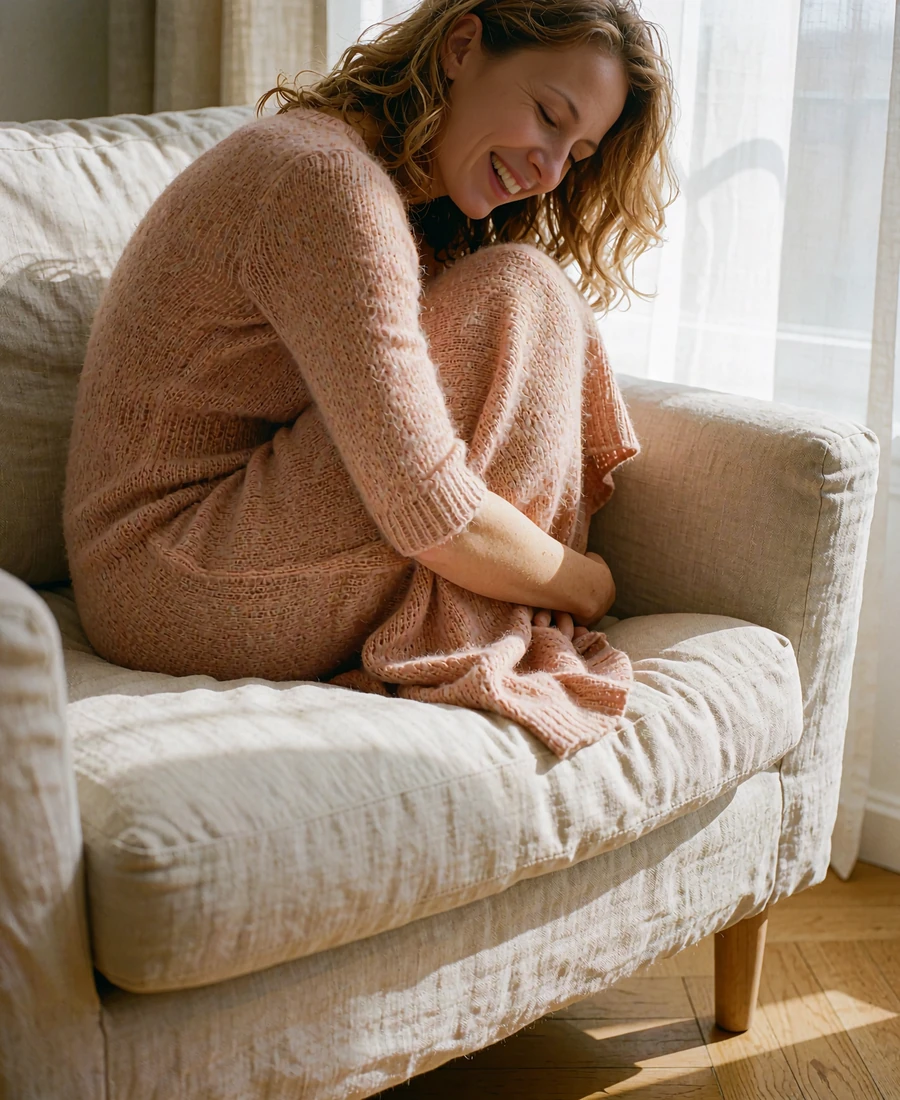 Woman relaxing on a linen armchair in a bright modern apartment, laughing gently toward the window