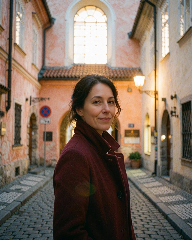 Verified member profile photo of a Bulgarian woman on a European old-town street at early evening