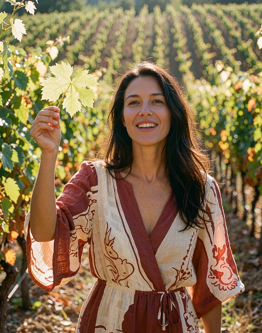 Moldovan woman holding a grape leaf among sunlit vineyard rows