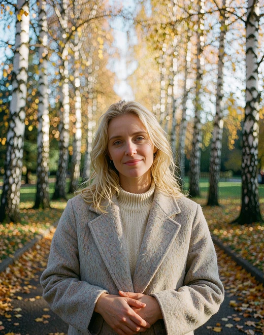 Belarusian woman in a grey coat on a quiet tree-lined park avenue in autumn