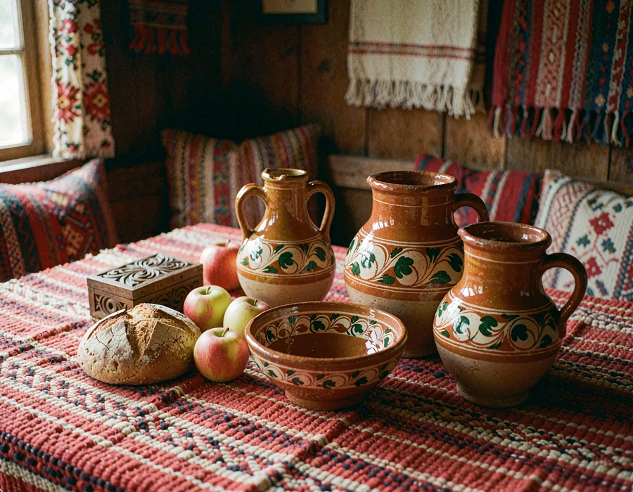 Hand-painted Ukrainian ceramic jugs, rustic bread and apples on a woven red and cream table runner in warm window light