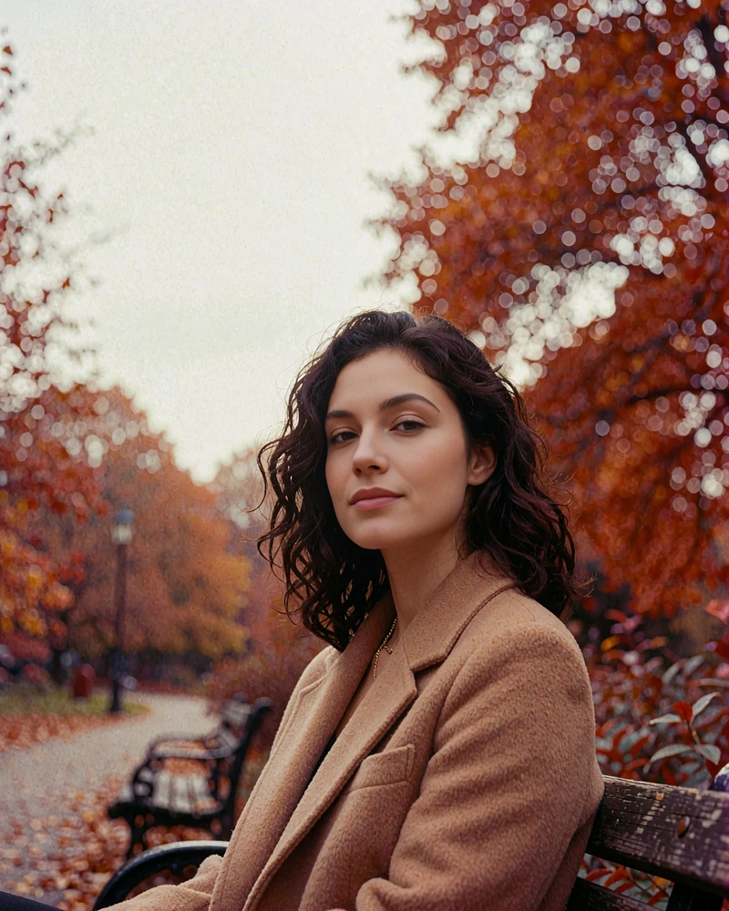 Verified Ukrainian member profile photo of a wavy-haired woman in a camel wool coat on an autumn park bench