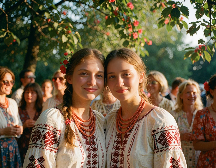 Two young Ukrainian women in embroidered white blouses and coral beads smiling together at an outdoor village celebration
