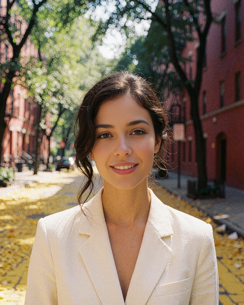 Verified Bulgarian member profile photo of a dark-haired woman in a cream blazer on a leafy Sofia street