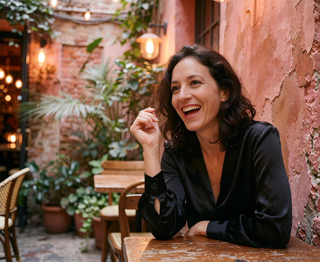 Hungarian woman laughing at a wooden table in an eclectic courtyard ruin bar with warm string lights