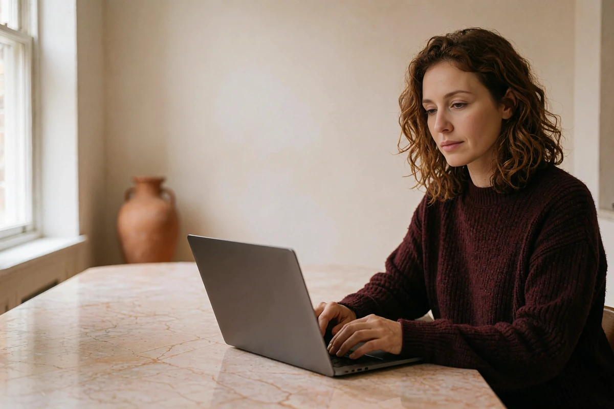 Woman working at a marble table beside a closed laptop in a quiet apartment, representing secure data handling