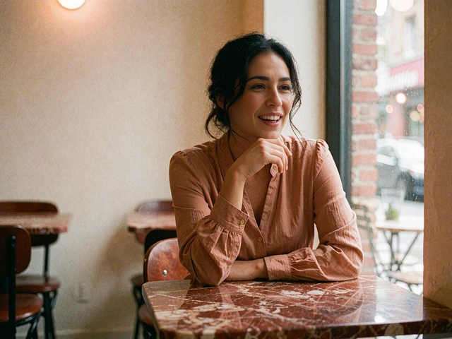 Woman in a camel blouse leaning in mid-conversation across a small marble cafe table