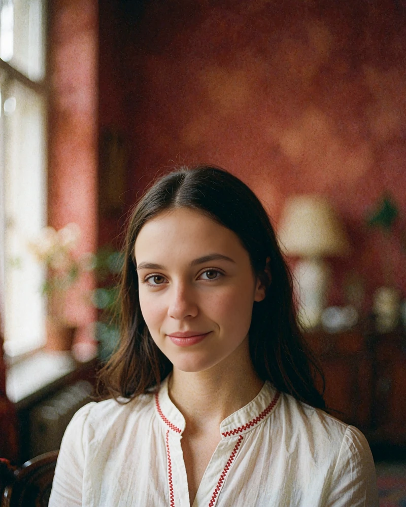 Verified Ukrainian member profile photo of a dark-haired woman in a white blouse with red embroidered collar trim