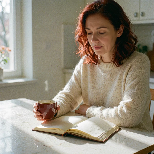 Woman with auburn hair in a cream sweater planning quietly over coffee at a bright kitchen table