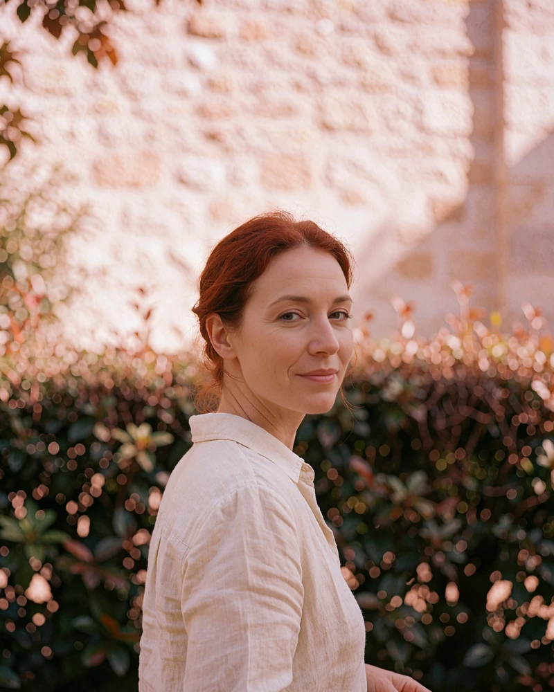 Verified Slovak member profile photo of an auburn-haired woman in a cream linen shirt standing outdoors