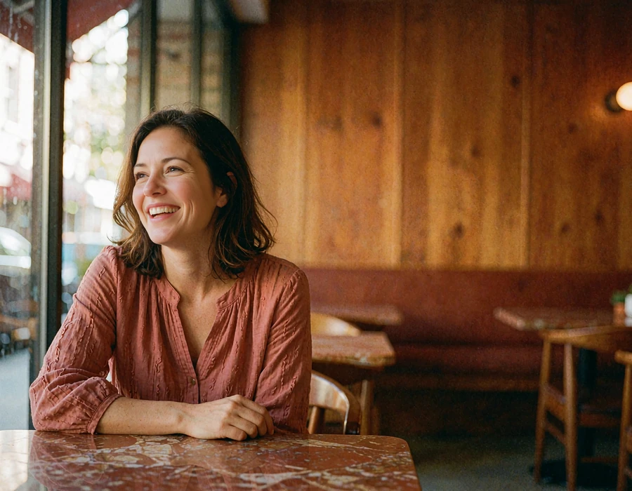 Woman in a dusty-rose blouse laughing during a relaxed conversation in a warmly lit cafe
