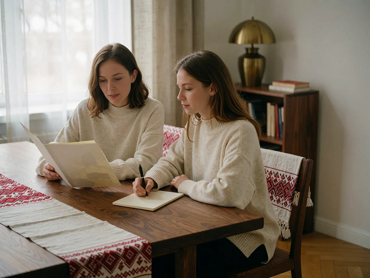 Two moderation team members reviewing a member profile folder at a walnut desk in a quiet office
