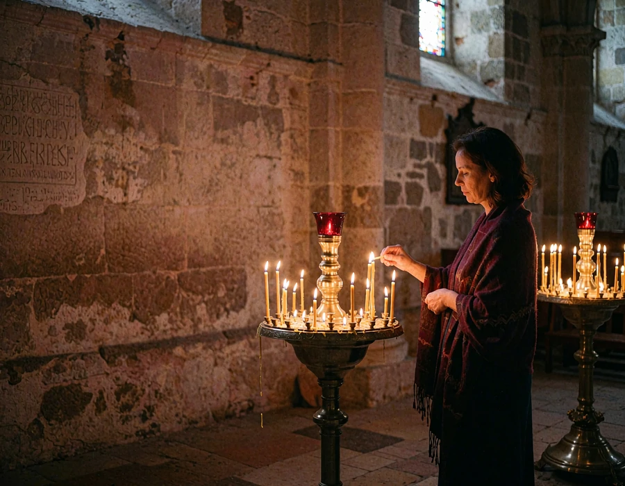 Woman lighting a candle among rows of glowing candles inside an old Bulgarian Orthodox church