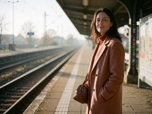 Woman in a camel wool coat with a weekend bag standing on a European railway platform