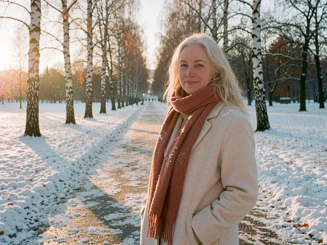 Woman in an ivory wool coat smiling on a snow-dusted park path lined with bare birch trees