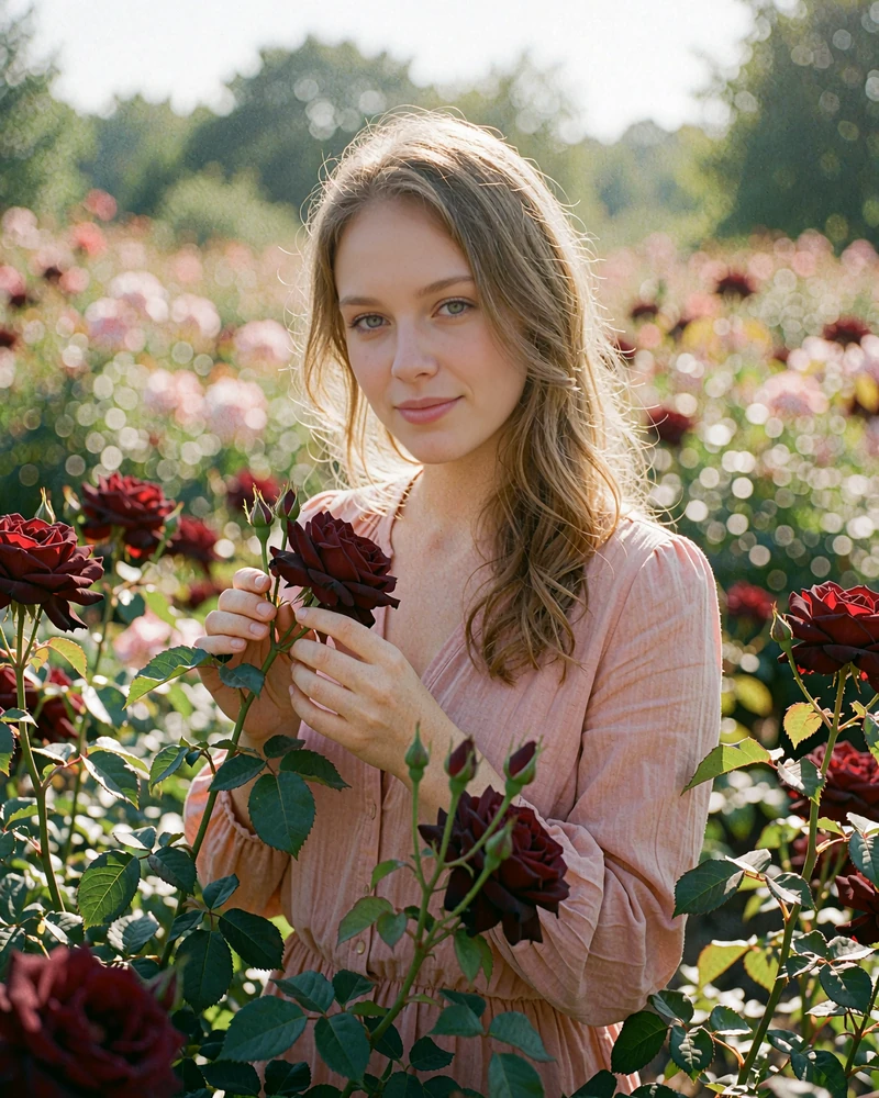 Verified Bulgarian member profile photo of a light-haired woman in a pink blouse among rose bushes