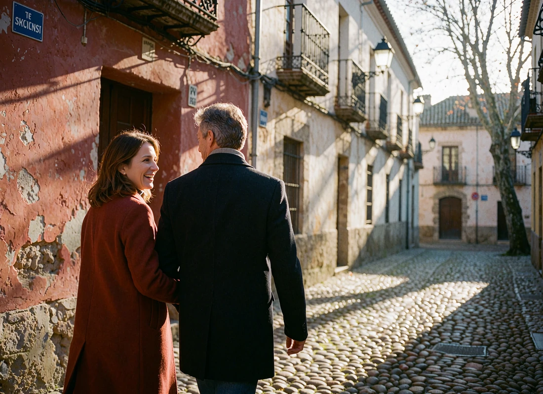 Couple in their forties walking together and laughing along a cobbled European old-town street at golden hour