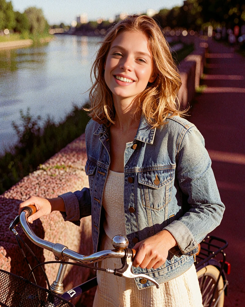Verified Polish member profile photo of a woman beside a vintage bicycle on a riverside promenade