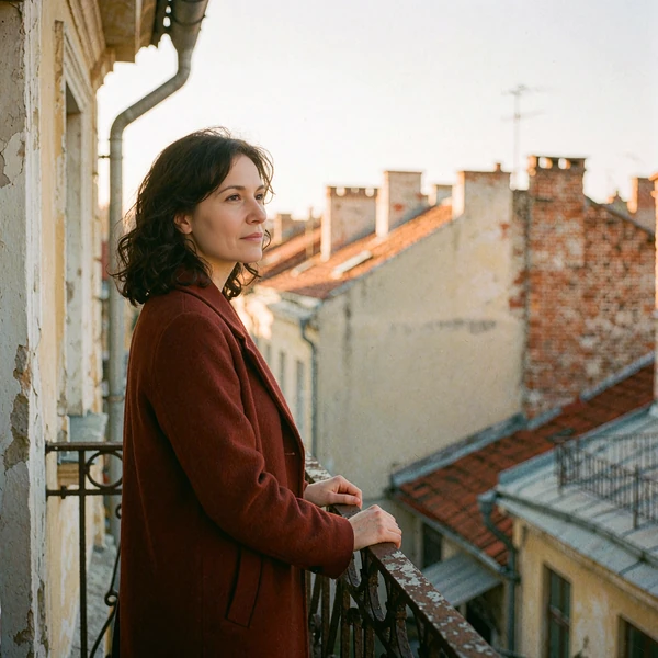 Woman in a rust wool coat on a European balcony at golden hour looking toward old-town rooftops