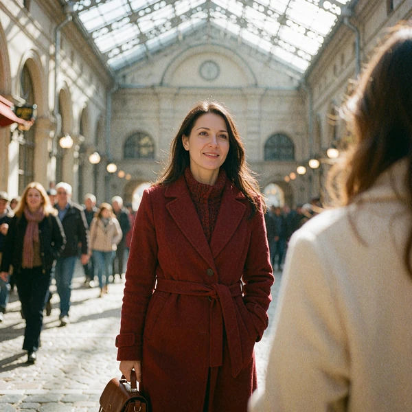 Woman in a red wool coat waiting under a glass railway roof as someone approaches