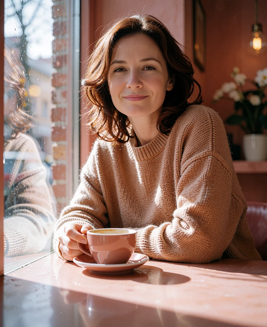 Woman with chestnut hair smiling warmly beside a café window with a cup in front of her