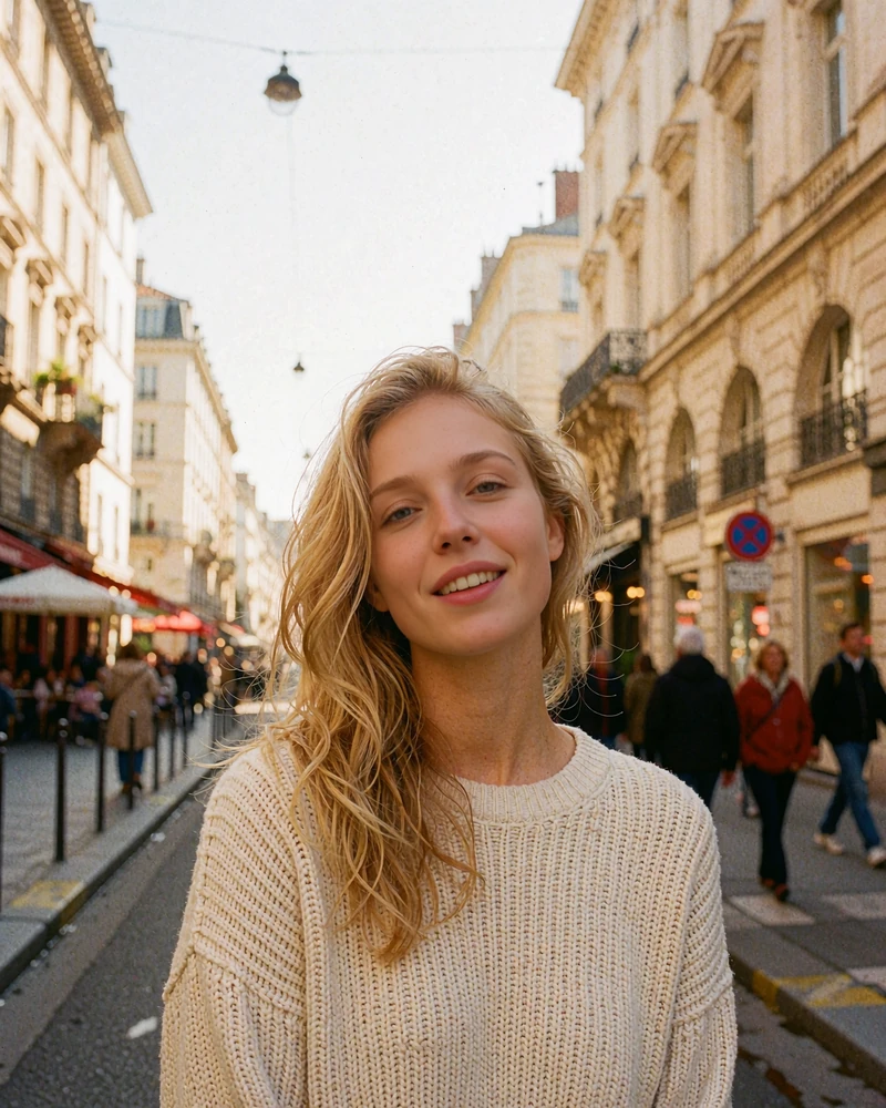 Verified Ukrainian member profile photo of a blonde woman in a cream knit sweater on a sunlit European street