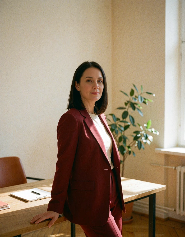 SlavicFlirt editorial team member in a wine-red blazer standing beside a wooden desk in a bright office