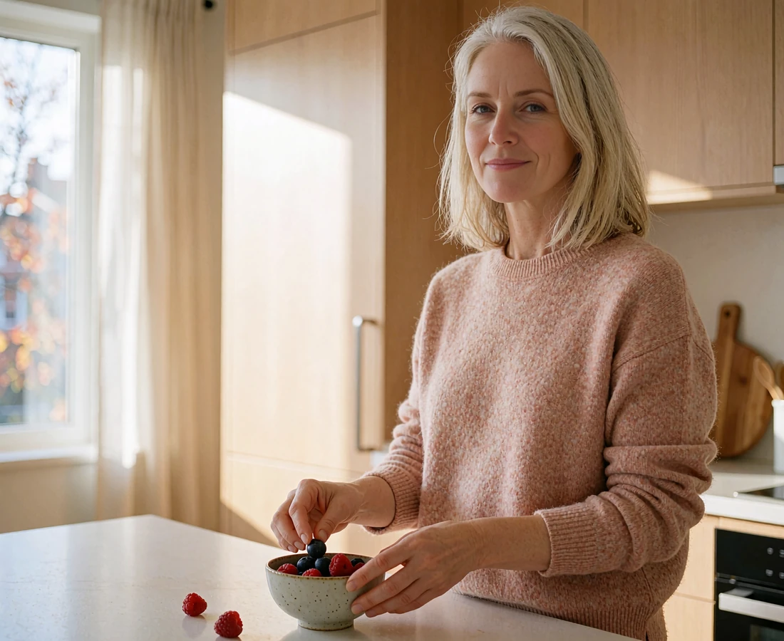 Belarusian woman in an oatmeal sweater arranging berries in a bright modern kitchen
