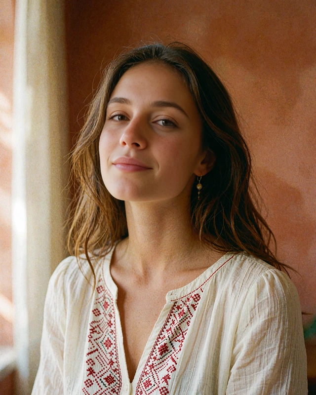 Verified SlavicFlirt member profile photo of a chestnut-haired Ukrainian woman in an embroidered white blouse