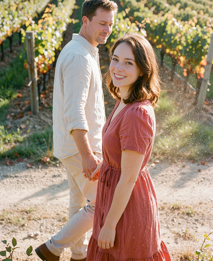 Couple walking hand in hand along a vineyard path at sunset