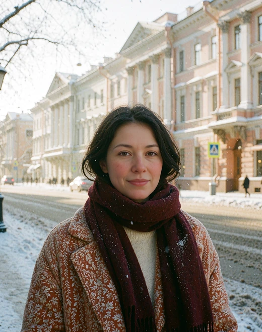 Russian woman in a burgundy wool scarf on a bright neoclassical city boulevard