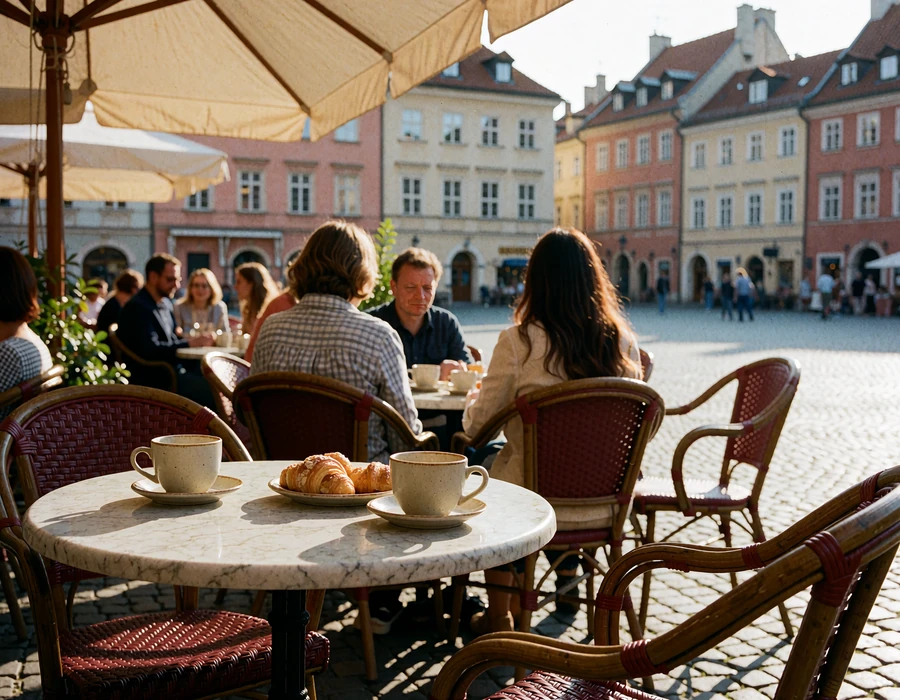 Outdoor cafe terrace on a historic Polish market square with ceramic cups and pastries on a marble table