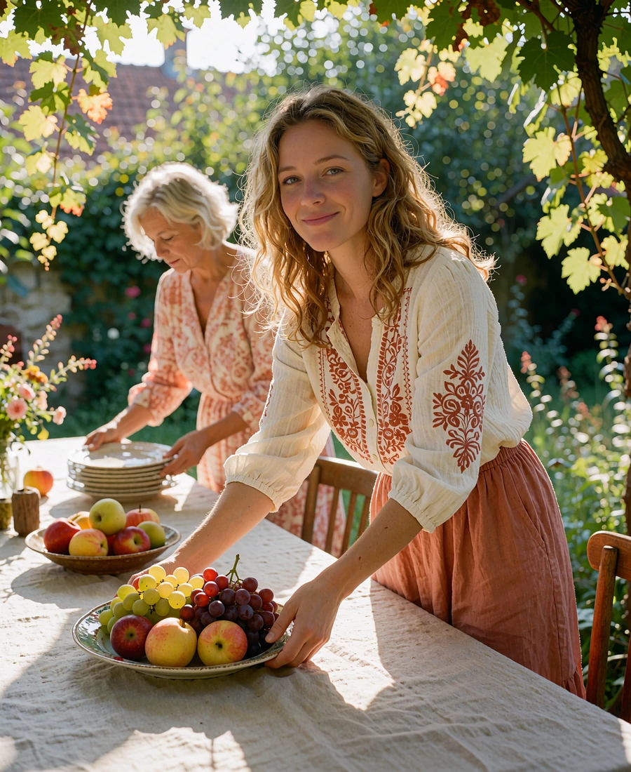 Young Moldovan woman in an embroidered blouse setting a fruit platter on an outdoor table in a leafy courtyard