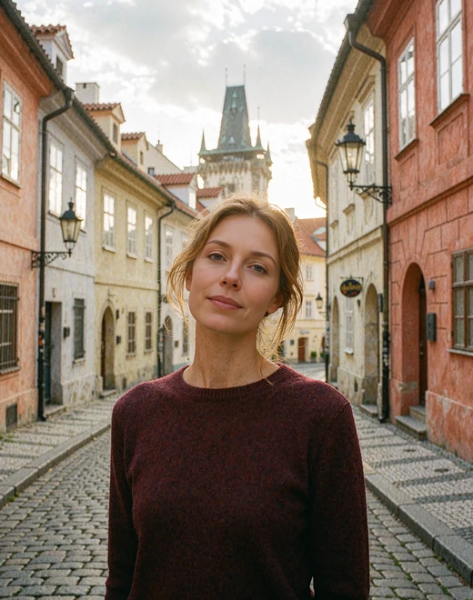 Czech woman in a knit sweater standing on a Prague cobblestone lane