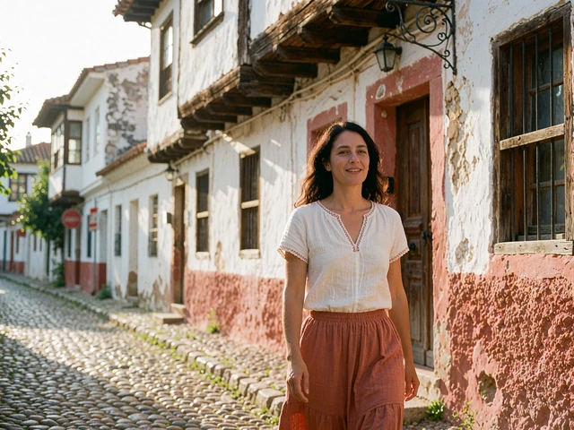 Woman in a white embroidered-trim blouse walking along a cobbled old-town street